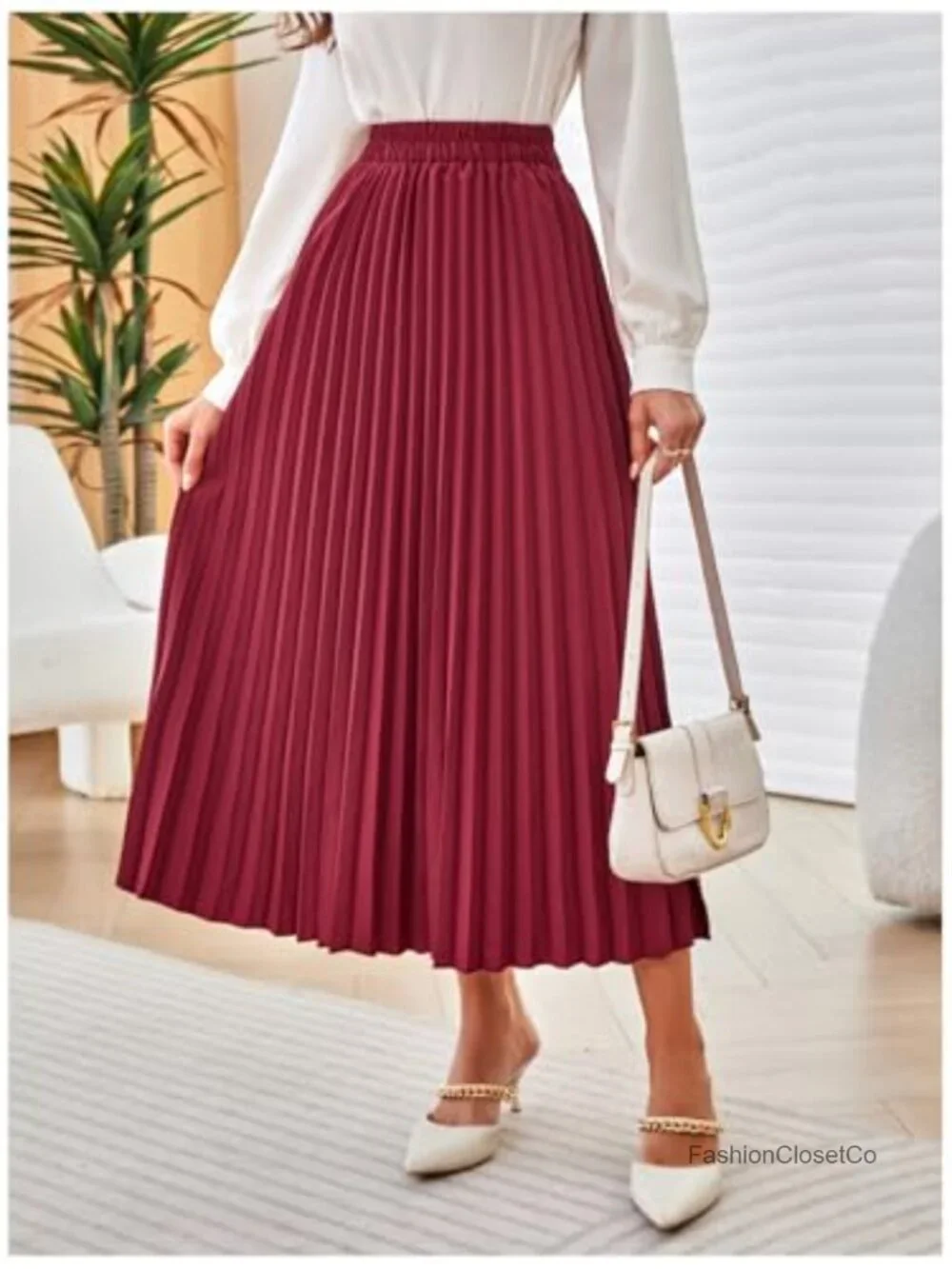 Pleated Long Skirt High Rise A-Line Midi Stretchy